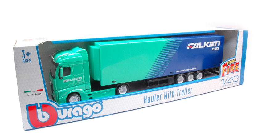 MODELLINO Burago MERCEDES ACTROS GIGASPACE HAULER WITH TRAILER "FALKEN TIRES" 1:43 MODEL SCALE BU31460T 250506