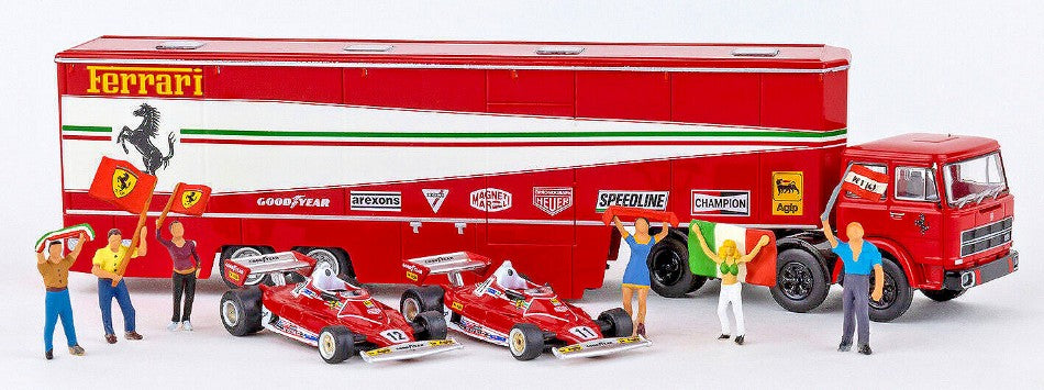 MODELLINO IN SCALA COMPATIBILE CON FIAT 691 T RENNTRANSPORT FERRARI W/2 FERRARI 312 T2 F1 + 6 FIGURES 1:87 BREKINA BRE58575