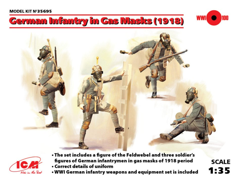 MODELLINO ICM GERMAN INFANTRY IN GAS MASKS 1918 4 FIGURES KIT 1:35 MODEL SCALE ICM35695 250506