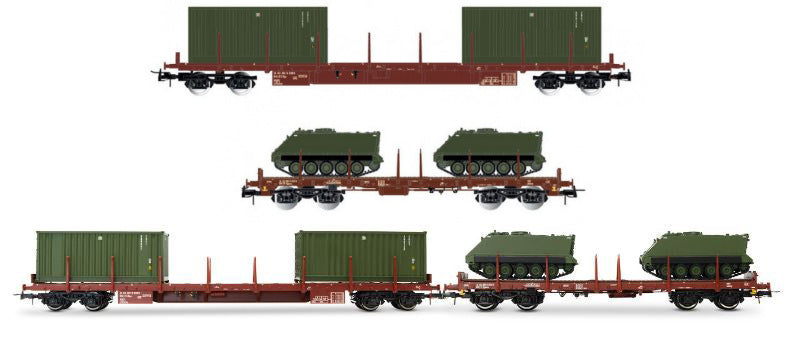 MODELLINO IN SCALA Rivarossi COMPATIBILE CON FS 2-UNIT PACK 4-AXLE FLAT TWO 20' CONTAINERS + TWO M113 EP.IV-V 1:87 MODEL SCALE HR6612 241217