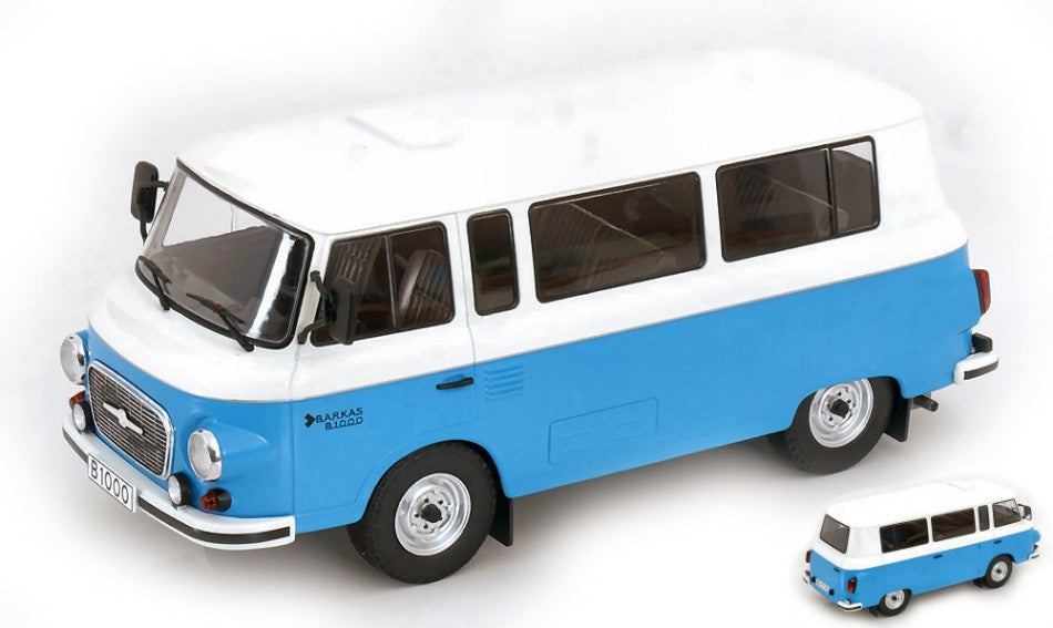 MODELLINO IN SCALA ModelCarGroup COMPATIBILE CON BARKAS B 1000 MINI BUS 1956 BLUE/WHITE 1:18 MODEL SCALE MCG18007 241217