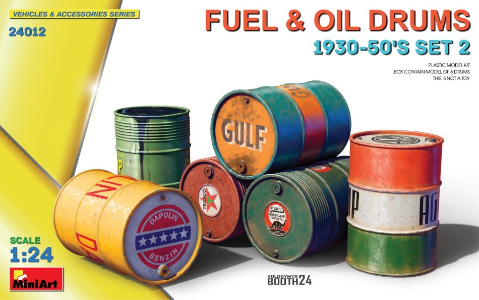 MODELLINO Miniart Fuel & Oil Drums 1930-50’s Set 2 KIT 1:24 MODEL SCALE MIN24012 250506