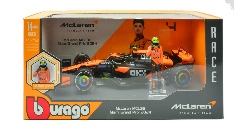 MC LAREN MCL38 N.4 LANDO NORRIS 2024 WITH FIGURE 1:24 Scala 1:24 Burago