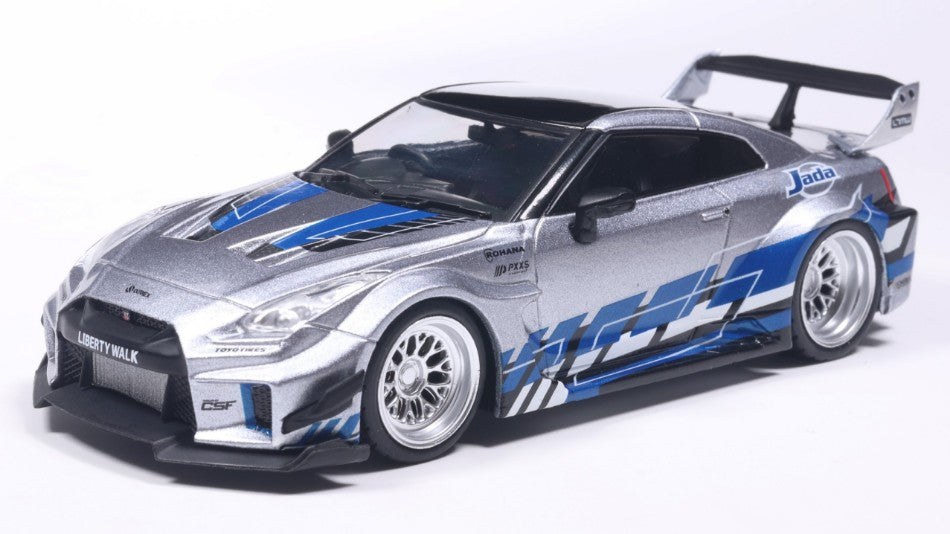 NISSAN GT-R (R35) LIBERTY
WALK SILHOUETTE SILVER AND BLUE
STRIPES 1:43 Scala 1:43 Solido