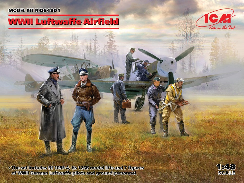 WWII LUFTWAFFE AIRFIELD Bf 109F-4 Hs 126 B-1 KIT 1:48 Scala 1:48 ICM