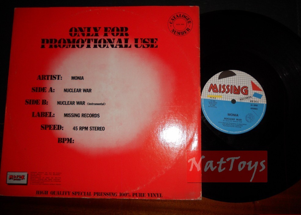 12" 33 RPM Monia NUCLEAR WAR (Italy 1986 MISSING RECORDS MSS 200) - EX/EX promo