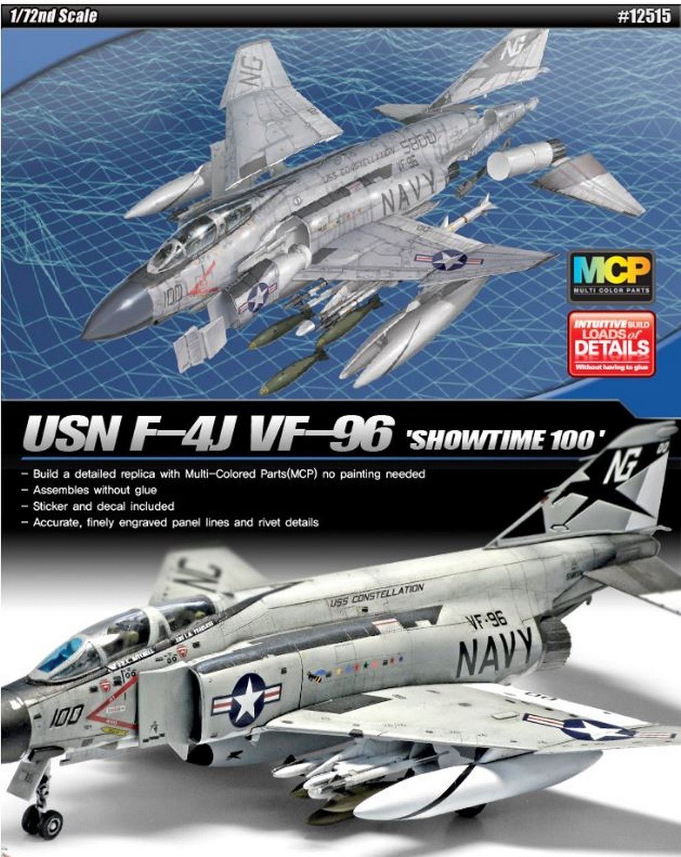 KIT D'ASSEMBLAGE À L'ÉCHELLE COMPATIBLE AVEC USN F-4J VF-96 AIRCRAFT SHOWTIME 100 KIT 1:72 ACADEMY ACD12515