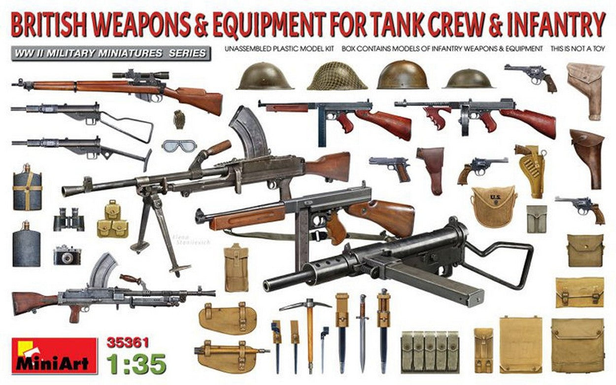 KIT D'ASSEMBLAGE À L'ÉCHELLE COMPATIBLE AVEC LES ARMES ET ÉQUIPEMENTS BRITANNIQUES POUR L'ÉQUIPAGE DE CHARS ET L'INFANTERIE 1:35 MINIART MIN35361