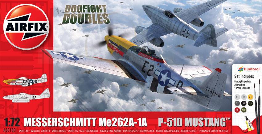 KIT DE MONTAGE À L'ÉCHELLE COMPATIBLE AVEC MESSERSCHMITT ME262 ET P51D MUSTANG DOGFIGHT DOUBLE KIT 1:72 AIRFIX A50183