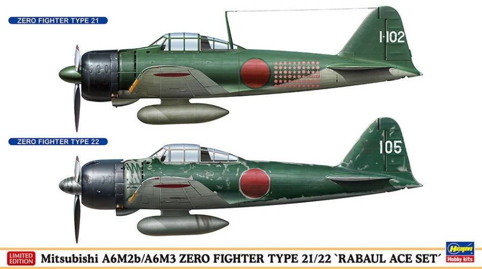 KIT DE MONTAGE À L'ÉCHELLE COMPATIBLE AVEC MITSUBISHI A6M2b/A6m3 ZERO FIGHTER, 2 KITS 1:72 HASEGAWA HA02437