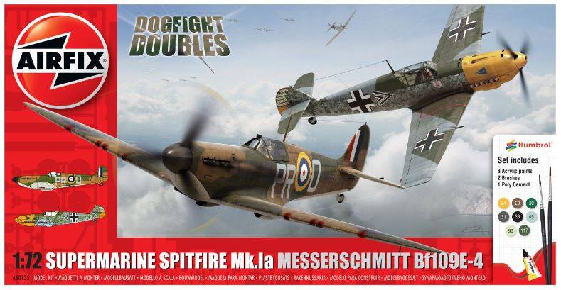 KIT D'ASSEMBLAGE À L'ÉCHELLE COMPATIBLE AVEC SPITFIRE Mk.1a & MESSERSCHMITT BF109E-4 KIT CADEAU DOGFIGHT 1:72 AIRFIX A50135