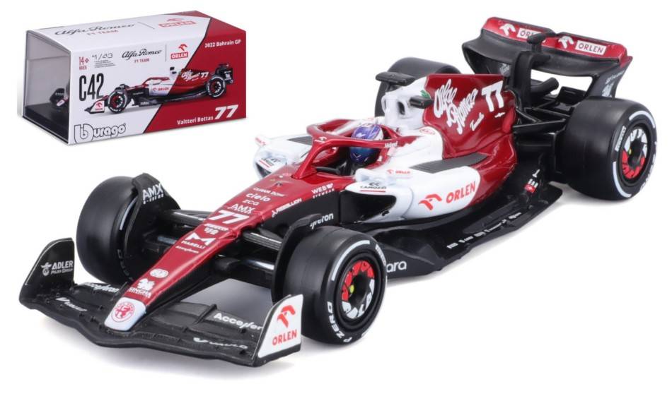 MODELLINO IN SCALA COMPATIBILE CON ALFA ROMEO F1 C42 N.77 VALTTERI BOTTAS 2022 SIGNATURE W/HELMET 1:43 BURAGO BU38068B
