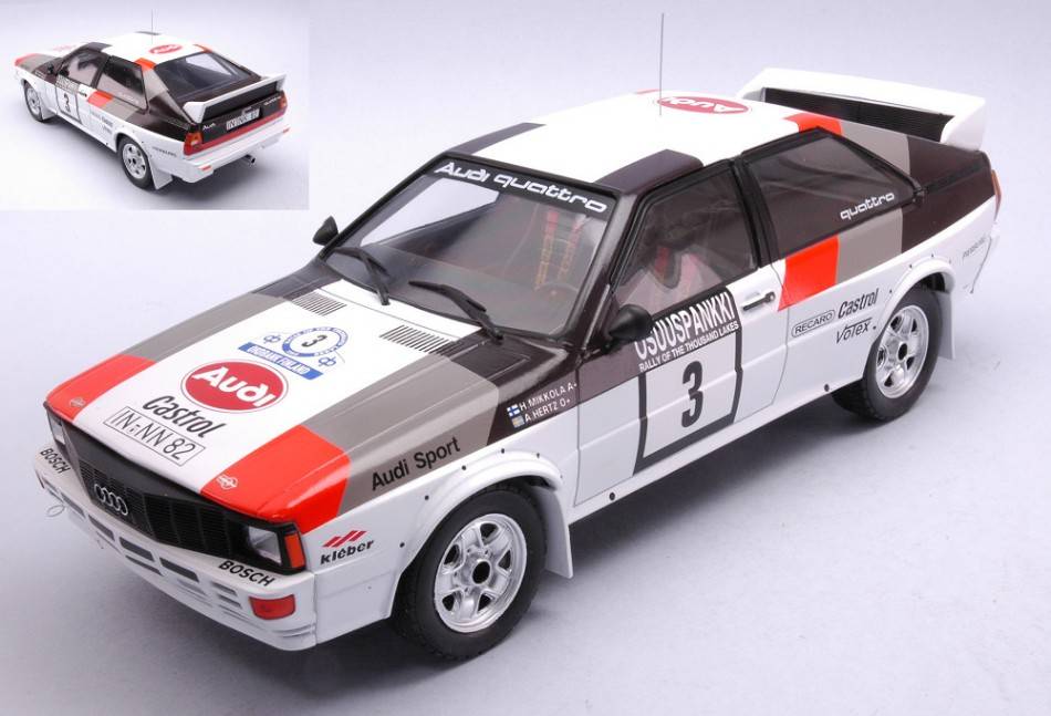MODÈLE RÉDUIT COMPATIBLE AVEC AUDI QUATTRO N.3 RALLYE DES 1000 LACS 1982
MIKKOLA/HERTZ 1:18
MODÈLE IXO 18RMC094A.20