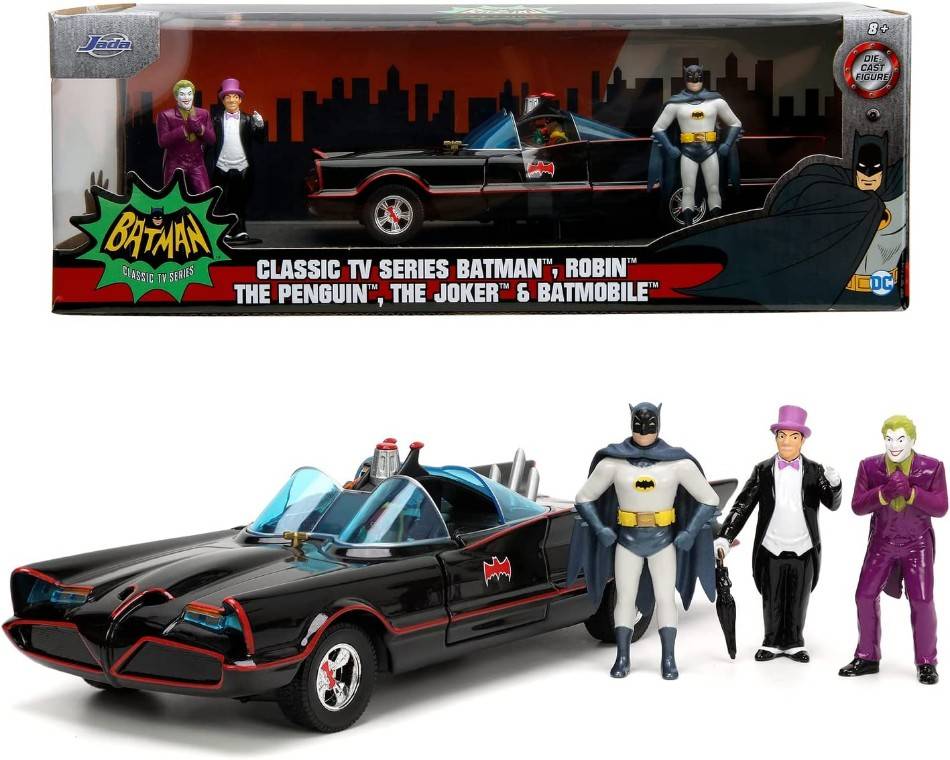 MODÈLE RÉDUIT COMPATIBLE AVEC BATMOBILE 1966 AVEC FIGURINE BATMAN, ROBIN, LE PINGOUIN, LE JOKER 1:24 JADA TOYS JADA253215011