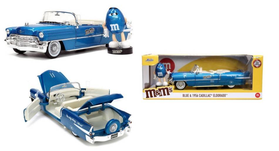 MODÈLE RÉDUIT COMPATIBLE AVEC CADILLAC ELDORADO AVEC FIGURINE BLEUE "M&M'S" 1956 BLEU 1:24 JADA TOYS JADA253255067