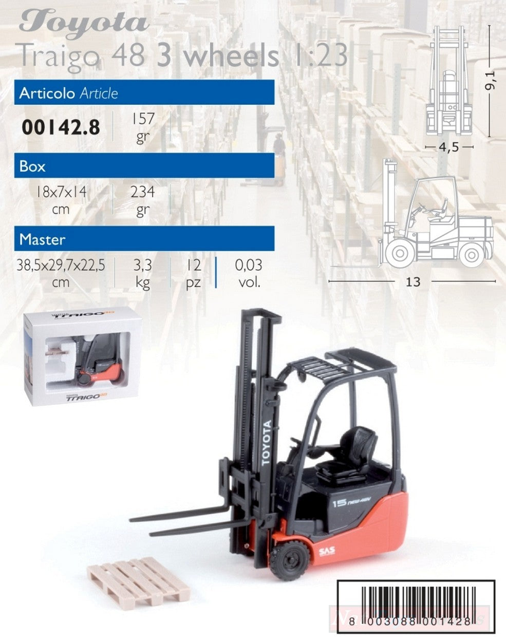 MODELLINO IN SCALA COMPATIBILE CON CARRELLO ELEVATORE TOYOTA TRAIGO 48 3 WHEELS 1:23 ROS RS00142