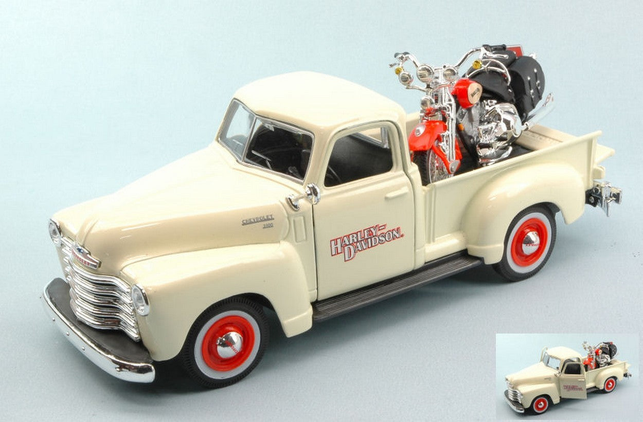 MODELE REDUIT COMPATIBLE AVEC CHEVROLET 3100 PICK UP 1950 1:25 + HARLEY DAVIDSON 2001 HERITAGE 1:24 MAISTO MI32194