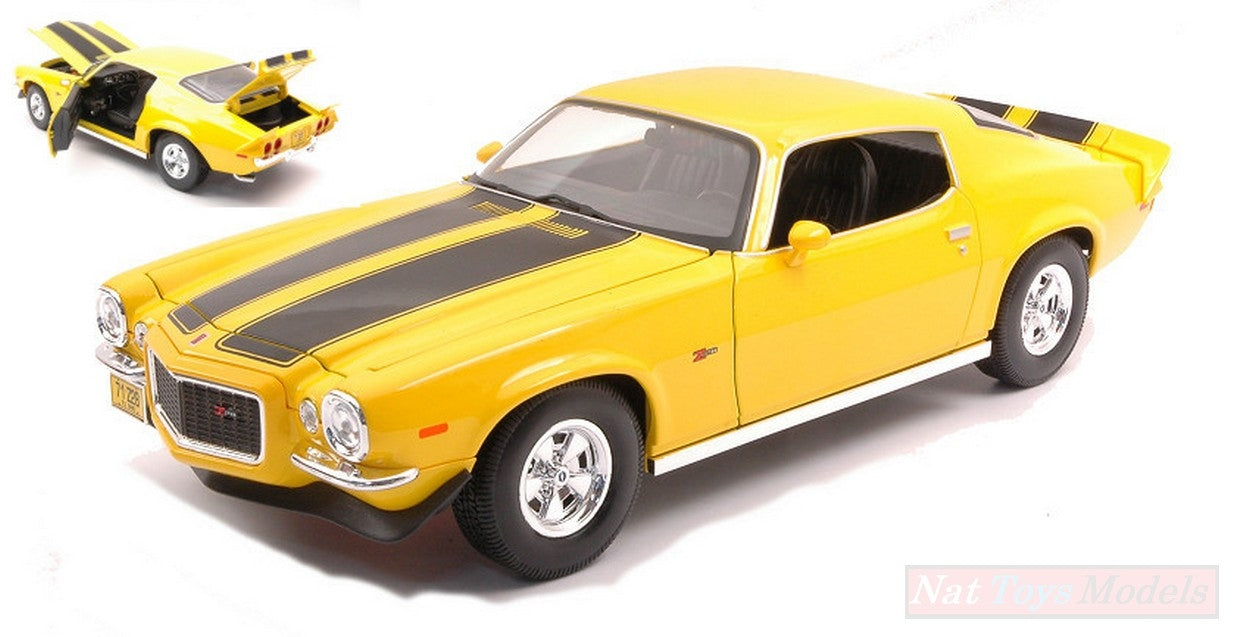 MODELE REDUIT COMPATIBLE AVEC CHEVROLET CAMARO Z28 1971 JAUNE 1:18 MAISTO MI31131Y