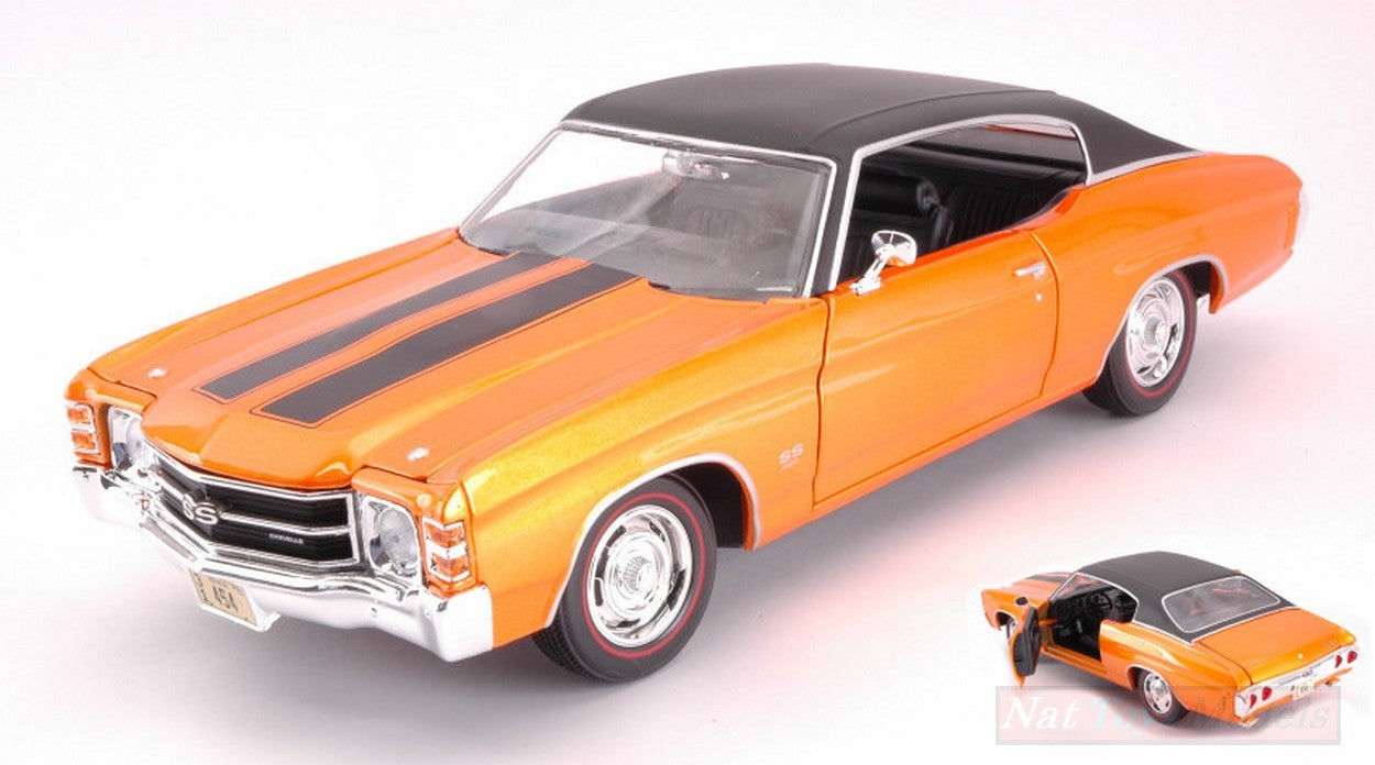 MODELLINO IN SCALA COMPATIBILE CON CHEVROLET CHEVELLE SS 454 SPORT COUPE 1971 ORANGE 1:18 MAISTO MI31890OR
