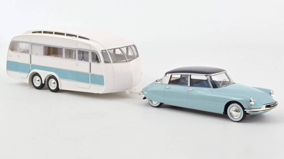 SCALE MODEL COMPATIBLE WITH CITROEN DS 19 1959 BLEU NUAGE & CARAVAN HANON 1:18 NOREV NV181760