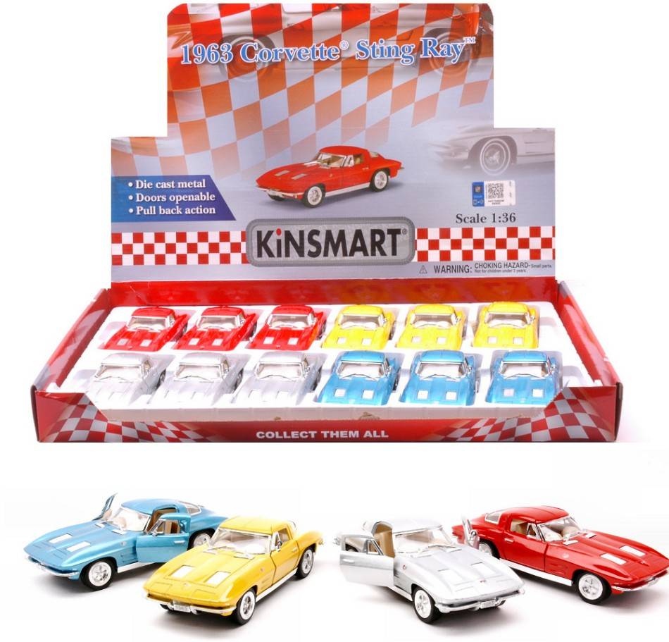 MODELLINO IN SCALA COMPATIBILE CON CORVETTE STINGRAY 1963 COL.ASS.cm 12,5 1:36 KINSMART KT17907