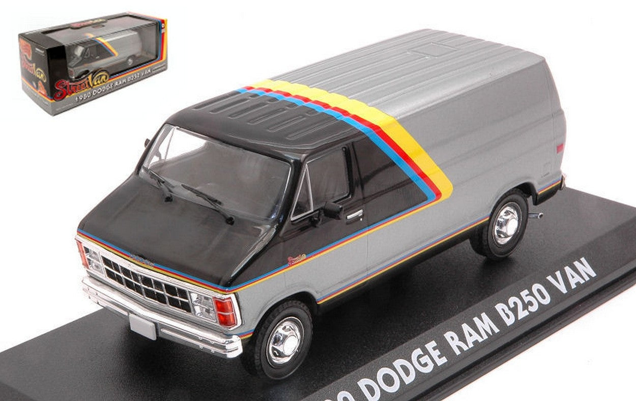 MODELLINO IN SCALA COMPATIBILE CON DODGE RAM B250 VAN SILVER/BLACK W/YELLOW, RED AND BLUE STRIPES 1:43 GREENLIGHT GREEN86600