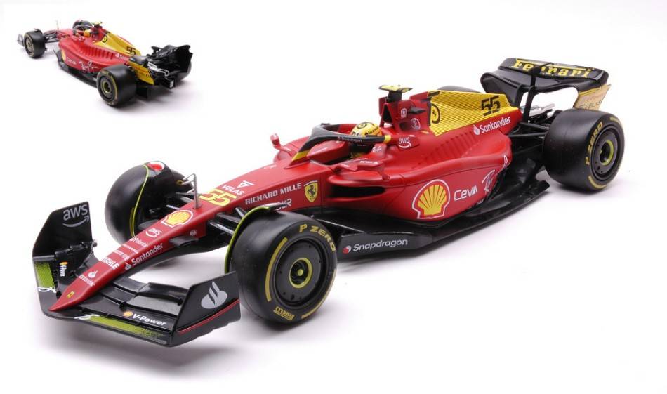 MODELLINO IN SCALA COMPATIBILE CON FERRARI F1-75 N.55 CARLOS SAINZ MONZA 2022 75th ANNIV.W/HELMET 1:18 BURAGO BU16811SM