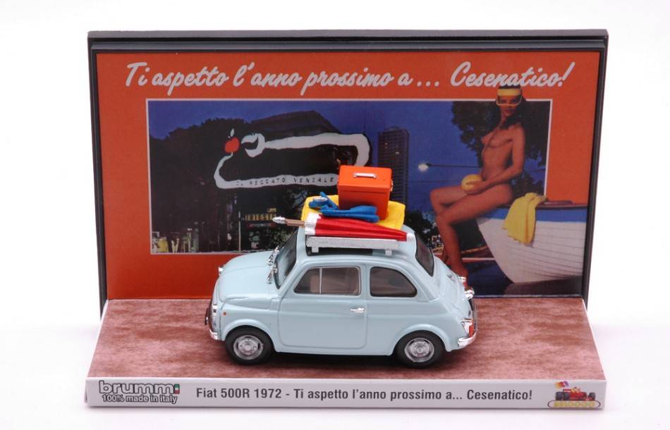 MODÈLE RÉDUIT COMPATIBLE AVEC FIAT 500R VACANCES ITALIENNES CESENATICO "JE T'ATTENDRAI L'ANNÉE PROCHAINE" 1:43 BRUMM BMS2209N