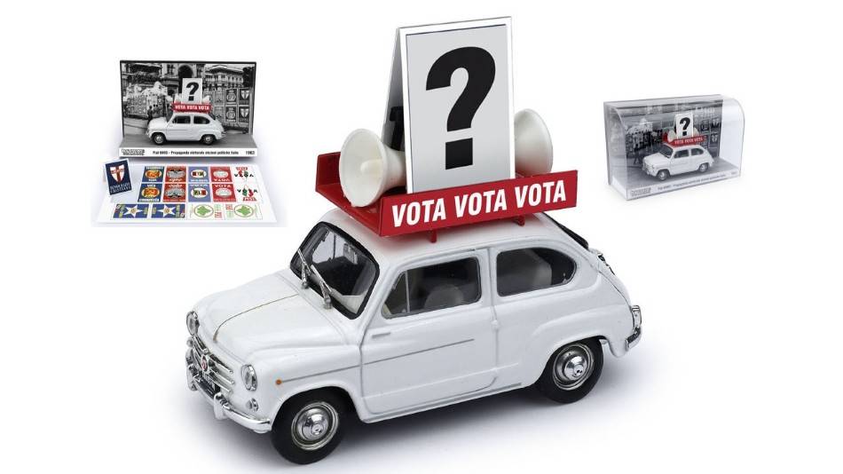MODELLINO IN SCALA COMPATIBILE CON FIAT 600D ELEZIONI POLITICHE ITALIA 1963 1:43 BRUMM BMS2216