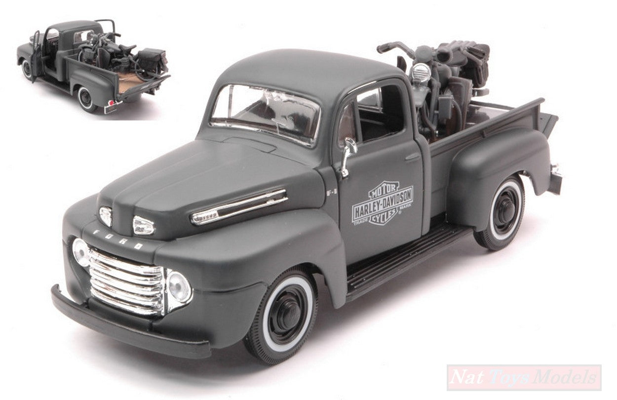MODELE REDUIT COMPATIBLE AVEC FORD F1 PICK UP 1948 W/HARLEY DAVIDSON WLA FLATHEAD GRIS MAT 1:24 MAISTO MI32185D