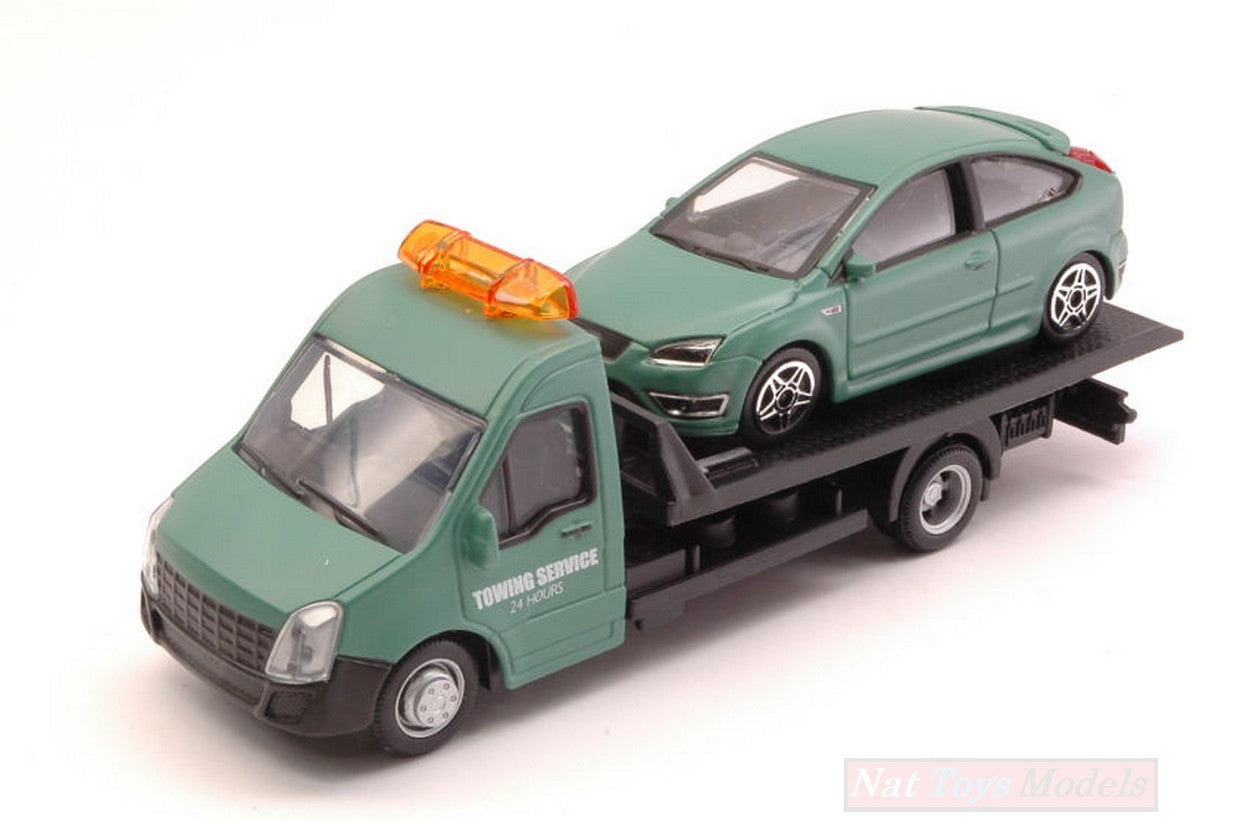 MODELLINO IN SCALA COMPATIBILE CON FORD FOCUS ST + FLATBED TRANSPORTER 1:43 BURAGO BU31404