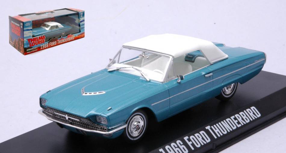 MODELLINO IN SCALA COMPATIBILE CON FORD THUNDERBIRD (TOP-UP) "THELMA & LOUISE 1991" 1966 BLUE/WHITE 1:43 GREENLIGHT GREEN86619