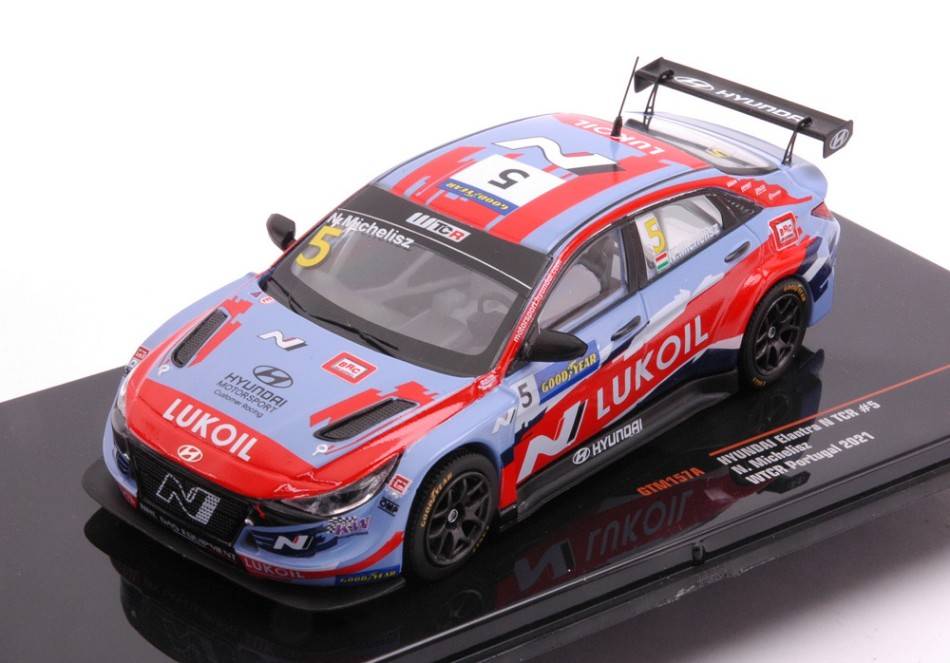SCALE MODEL COMPATIBLE WITH HYUNDAI ELANTRA N TCR N.5 LUKOIL SC WTCR PORTUGAL 2021 MICHELISZ 1:43 IXO MODEL GTM157A