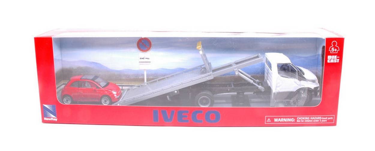 MODELLINO IN SCALA COMPATIBILE CON IVECO DAILY BIANCO C/FIAT CINQUECENTO ROSSO 1:43 NEW RAY NY15875CR