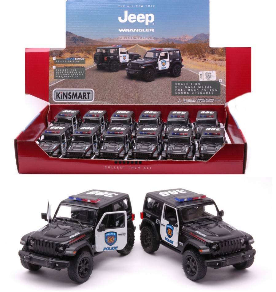 MODELE REDUIT COMPATIBLE AVEC JEEP WRANGLER 2018 POLICE 12 cm 1:34 KINSMART KT89395
