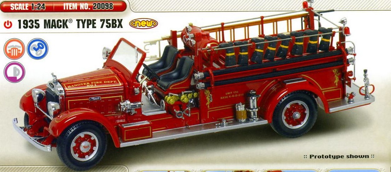 MODELLINO IN SCALA COMPATIBILE CON MACK TYPE 75 BX FIRE TRUCK 1935 1:24 YAT MING YM20098