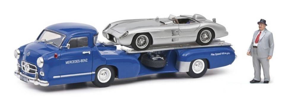 MODELLINO IN SCALA COMPATIBILE CON MERCEDES SCHNELLTRANSPORTER BLAUES WUNDER W/MB 300 SLR AND FIGURE 1:43 SCHUCO SH3768