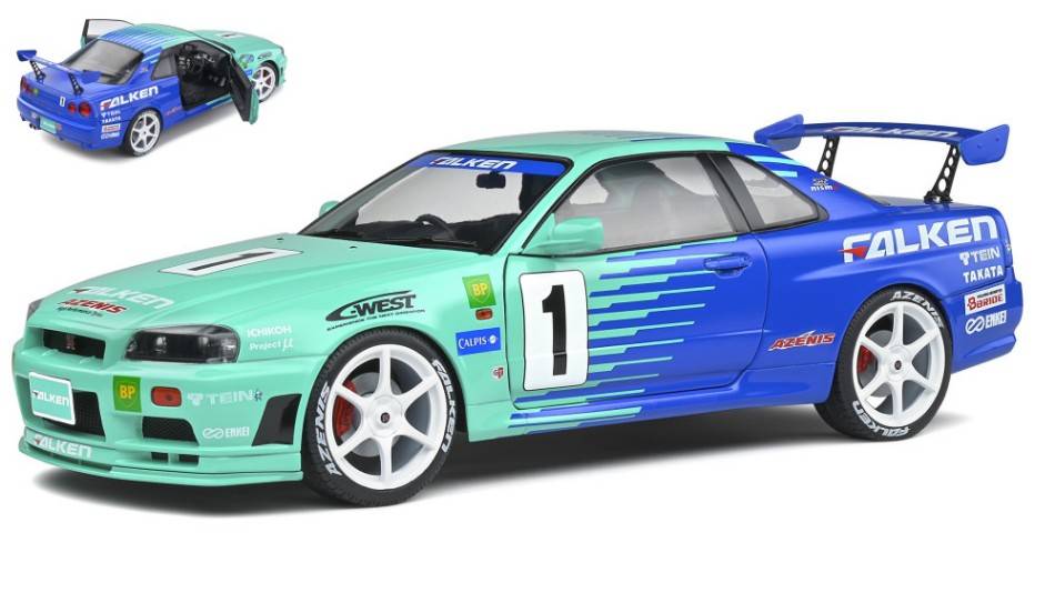 SCALE MODEL COMPATIBLE WITH NISSAN SKYLINE R34 GTR-JGTC N.1 1999 FALKEN DRIFT LIVERY 1:18 SOLID SL1804304
