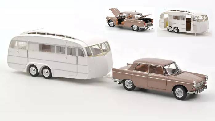 MODELLINO IN SCALA COMPATIBILE CON PEUGEOT 404 1965 BROWN METALLIC WITH CARAVAN HENON 1:18 NOREV NV184837