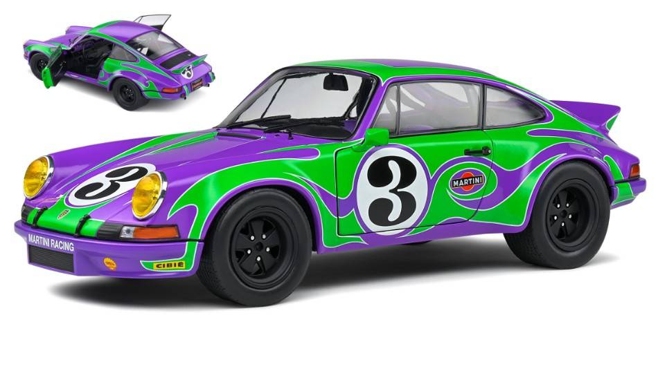 MODELE REDUIT COMPATIBLE AVEC PORSCHE 911 RSR N.3 HIPPY TRIBUTE 1973 VIOLET/VERT 1:18 SOLIDE SL1801117