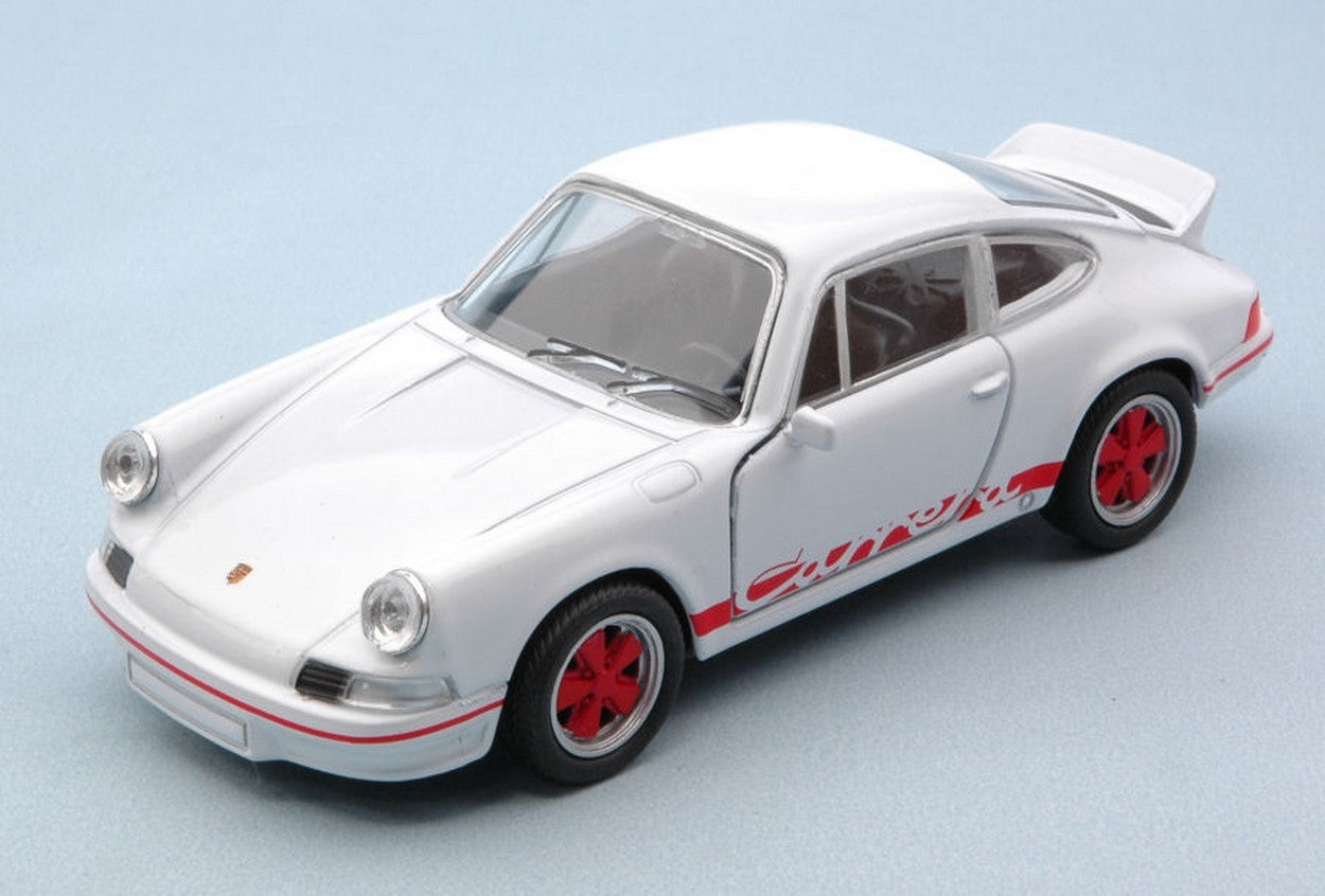 MODELLINO IN SCALA COMPATIBILE CON PORSCHE CARRERA RS 1973 WHITE W/RED STRIPES cm 11 WELLY WE43653WW