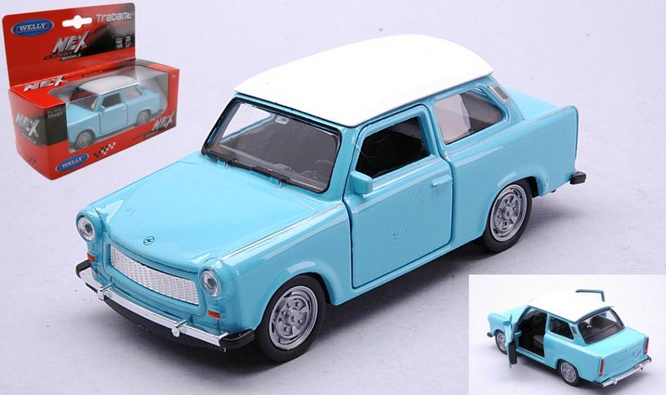 SCALE MODEL COMPATIBLE WITH TRABANT 601 LIGHT BLUE W/WHITE ROOF 11 cm WELLY WE43654SB