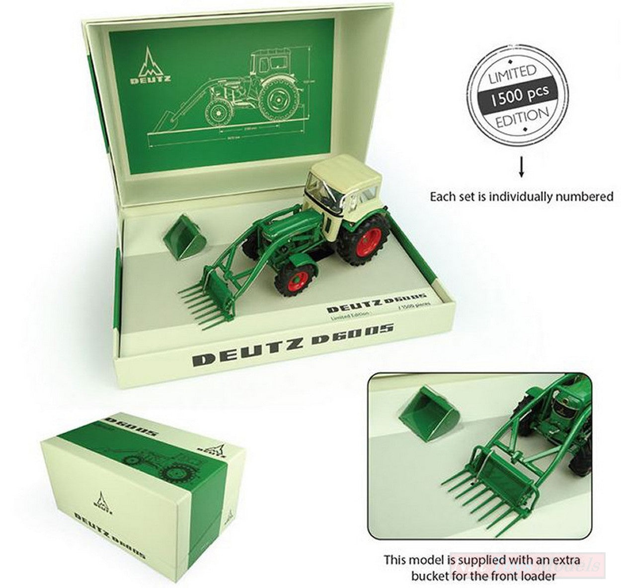 MODELE REDUIT COMPATIBLE AVEC TRACTEUR DEUTZ D6005 AVEC CHARGEUR FRONTAL + CABINE 4WD 1:32 UNIVERSAL HOBBIES UH6200