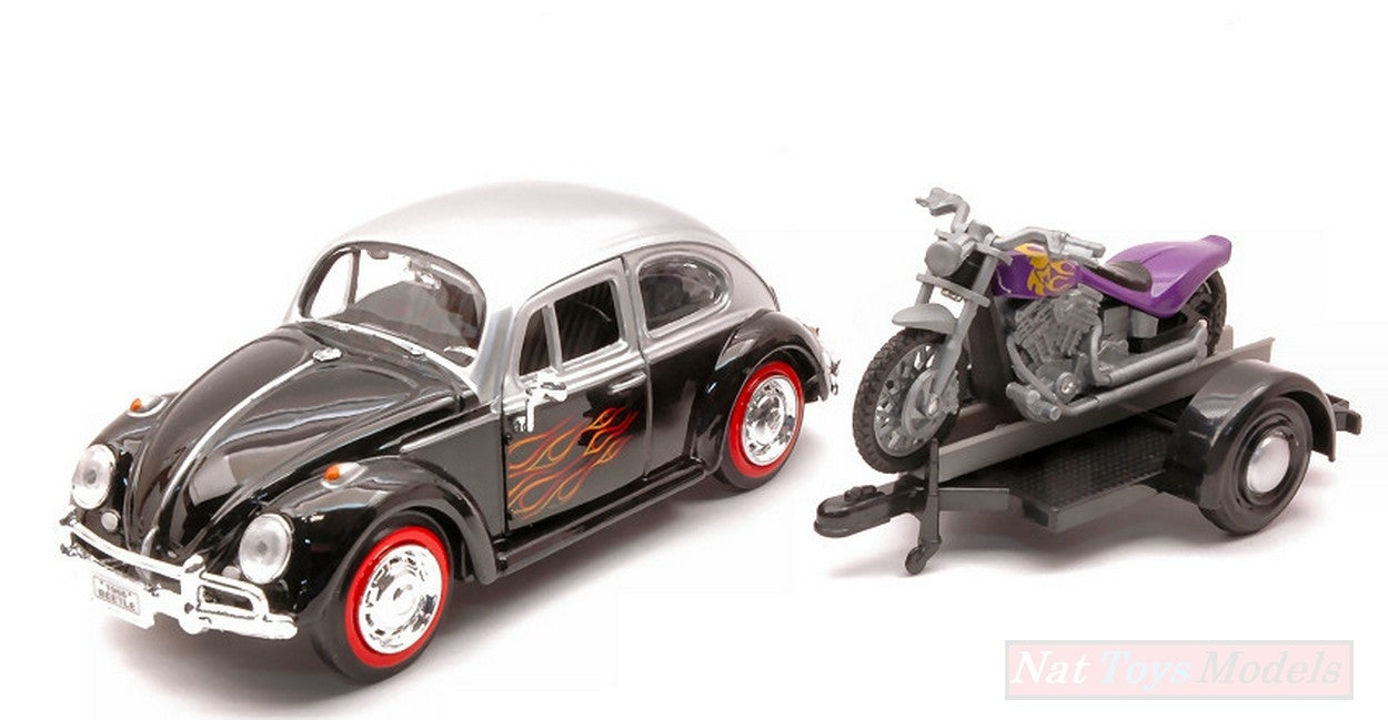 SCALE MODEL COMPATIBLE WITH VW BEETLE W/TRAILER & MOTORCYCLE 1:24 MOTORMAX MTM79675