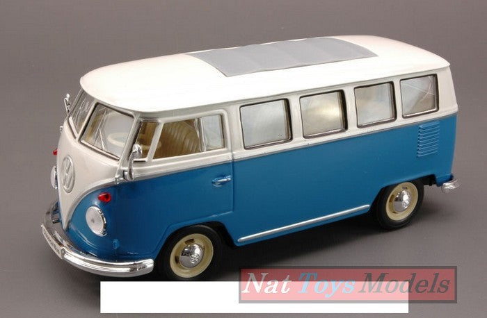 SCALE MODEL COMPATIBLE WITH VW BUS T1 1962 BLUE W/WHITE ROOF 1:24 WELLY WE1210