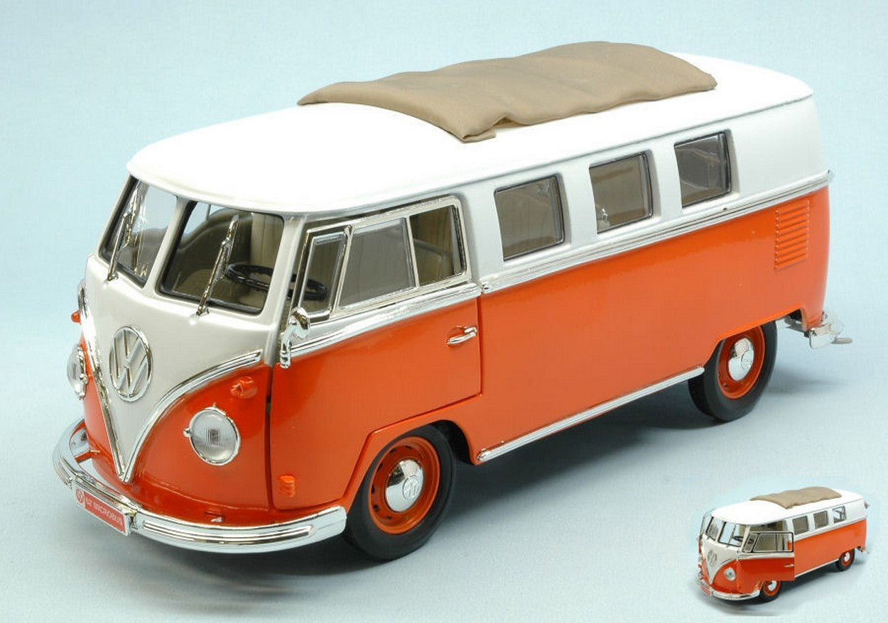 MODELLINO IN SCALA COMPATIBILE CON VW MICROBUS 1962 ORANGE W/WHITE ROOF 1:18 LUCKY YM92327OR