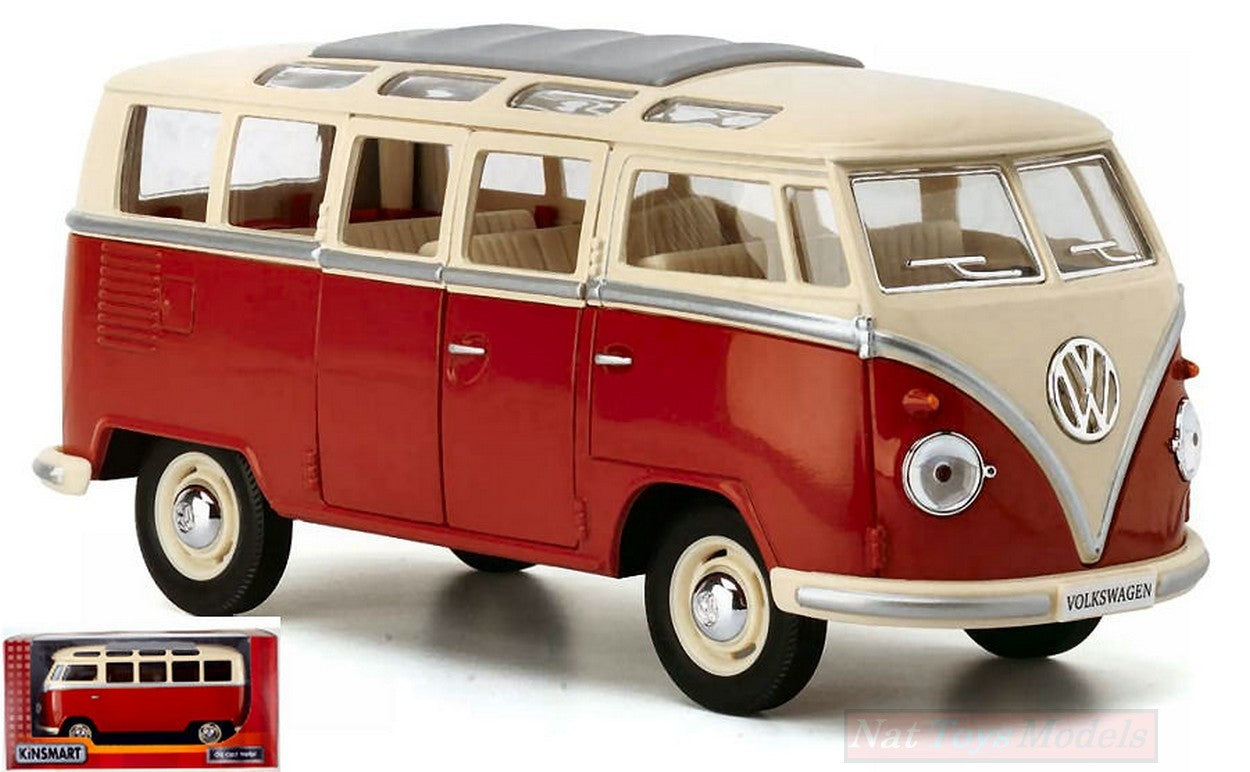 MODELE REDUIT COMPATIBLE AVEC VW SAMBA BUS 1962 ROUGE/CRÈME TOIT 1:24 KINSMART KT7005WR