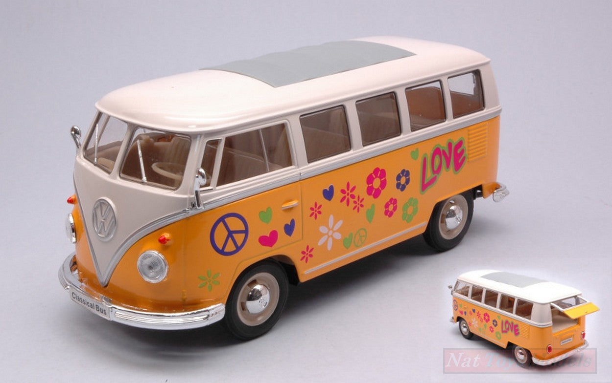 MODELE REDUIT COMPATIBLE AVEC VW T1 BUS JAUNE/BLANC FLOWER POWER 1:24 WELLY WE22095A3