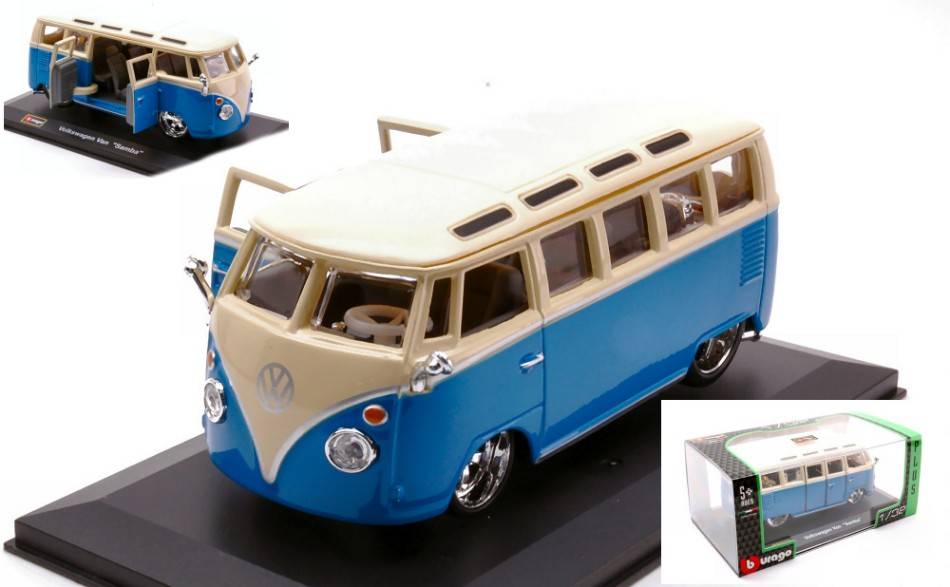 SCALE MODEL COMPATIBLE WITH VW T1 SAMBA VAN WHITE/BLUE 1:32 BURAGO BU42004W