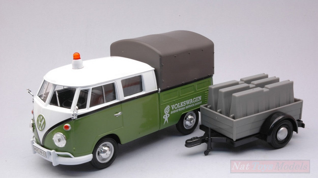 MODELE REDUIT COMPATIBLE AVEC REMORQUE D'ENTRETIEN ROUTIER VW T2 PICK UP VERT/BLANC 1:24 MOTORMAX MTM79676
